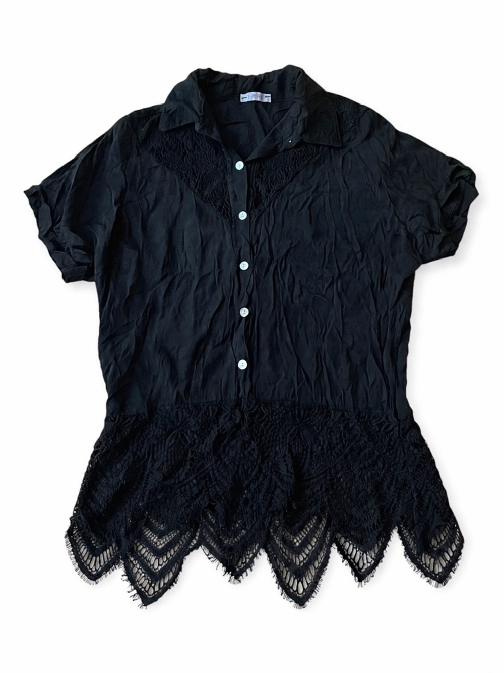 Made in Italy Black Satin Feel Lace Hem Button Front Blouse Top Boho Chic Sz M/L